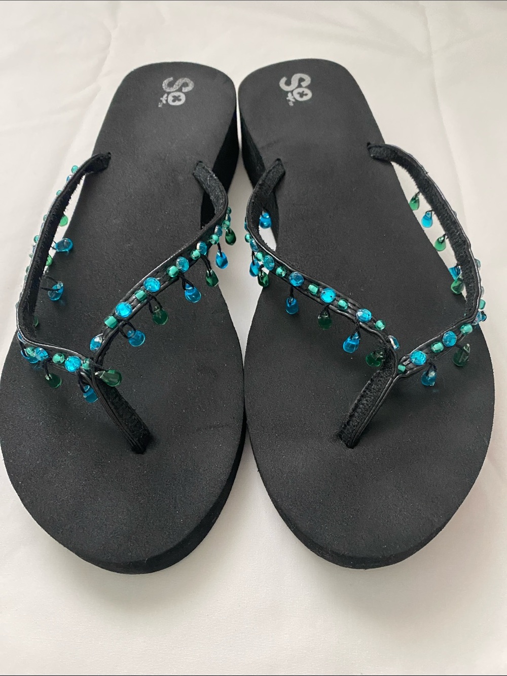 SO Black Flip Flops with Teal & Turquoise Bead Drops